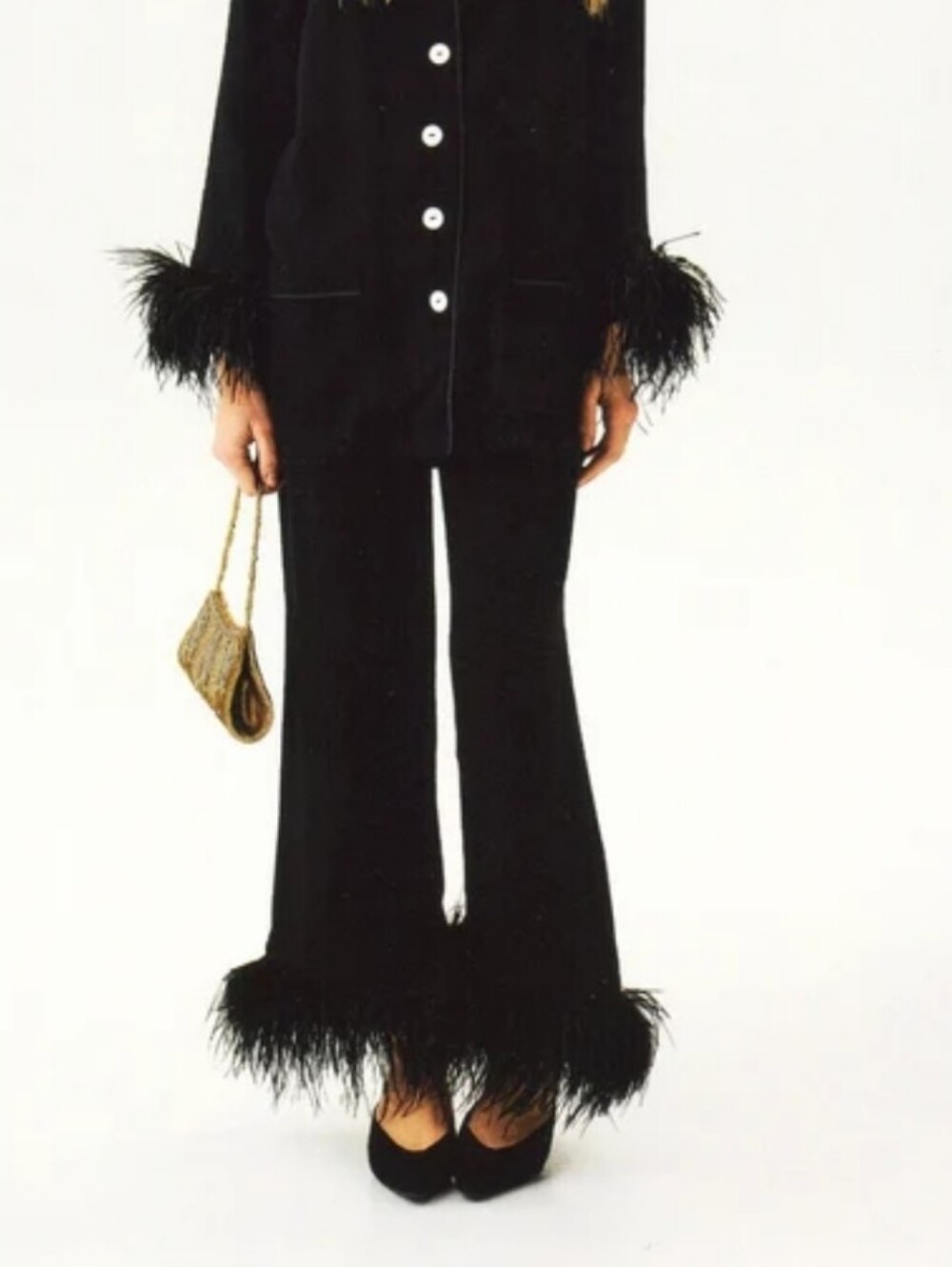 Sleeper Black Feather-Trim Boot Cut Pants